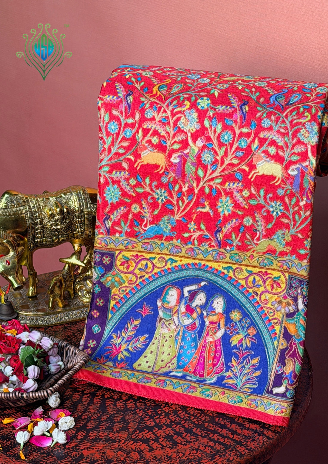 UTSAV BANARAS 479F: Classic Red Butter Silk Saree with Kalamkari Position Print &amp; Contrast Blouse