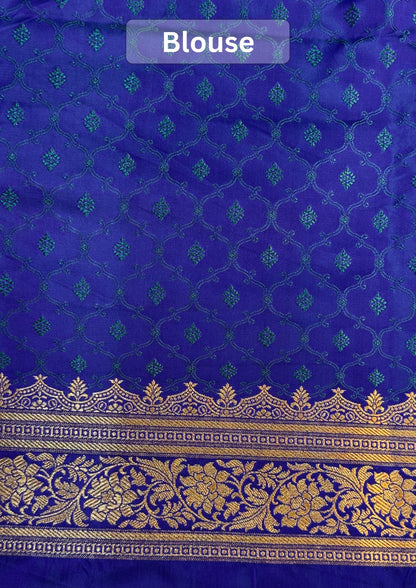 WAAH BANARAS 164A: Teal Blue Satin Mashru Silk Saree with Zari Stripe Work, Resham Floral Design &amp; Grand Floral Border