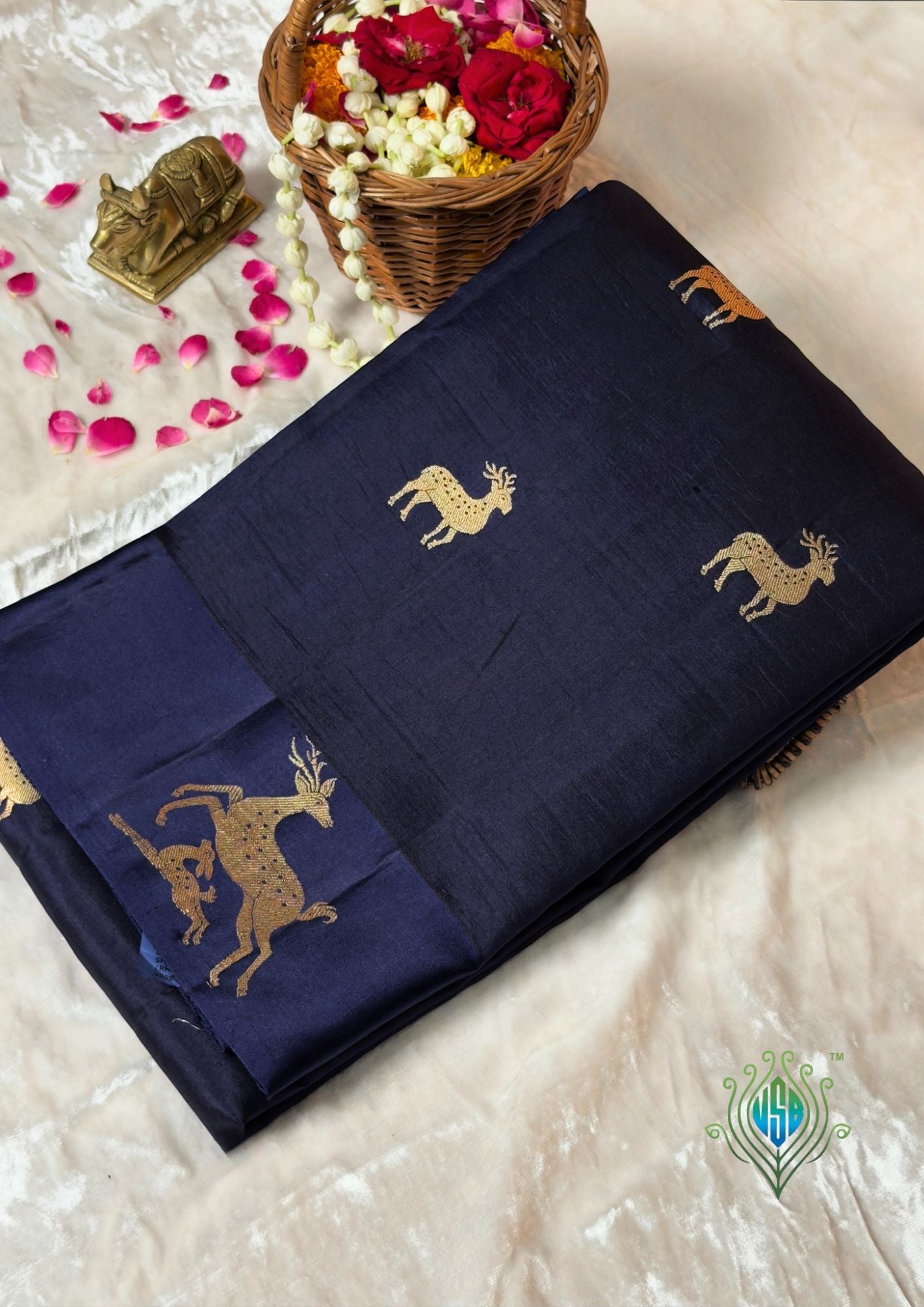 VIRASAT 370: Night Black Pure Mulberry Silk Saree with Gold Zari Animal Motifs