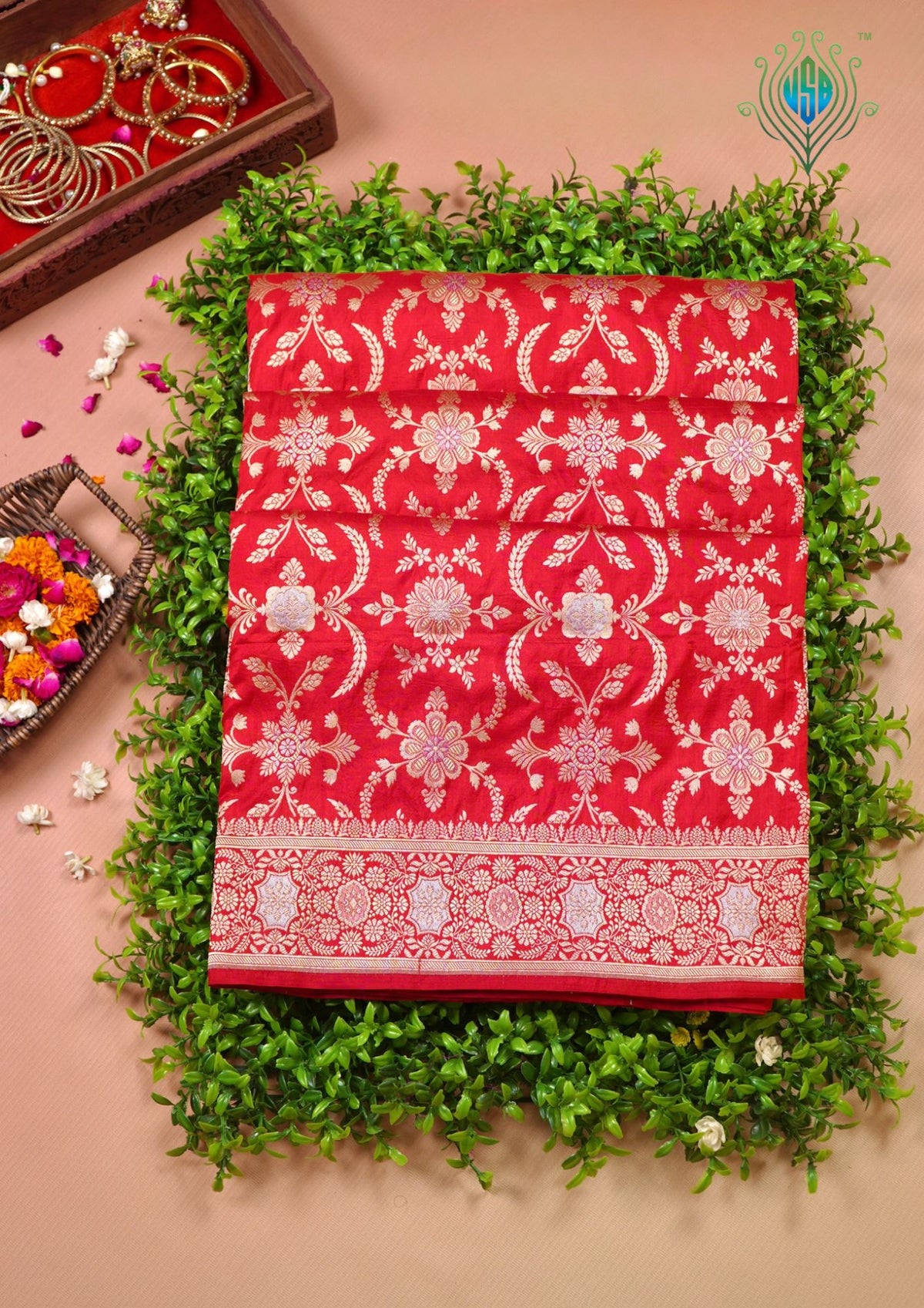 VIRASAT 433D: Pure Red Pure Katan Silk Alfi Saree with Sona Rupa Zari Floral Jaal &amp; Zari Border | Silk Mark Certified