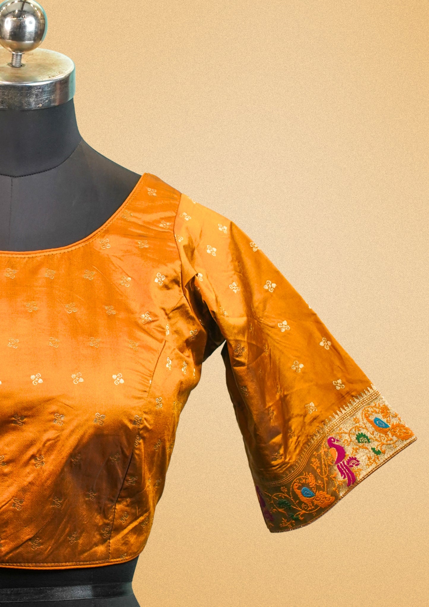 "RDM BL 010A" Elegant Mustard Banarasi Blouse With Peacock Embroidery & Back Tie Design