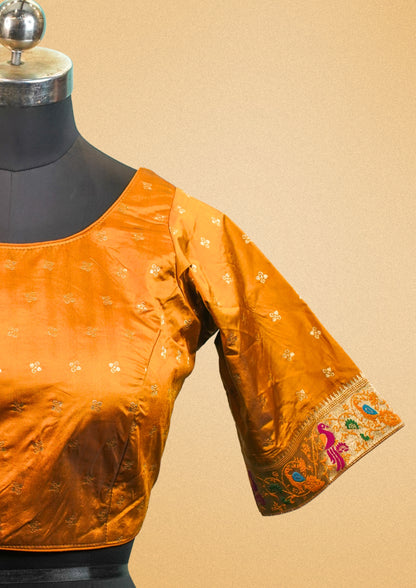 "RDM BL 010A" Elegant Mustard Banarasi Blouse With Peacock Embroidery & Back Tie Design