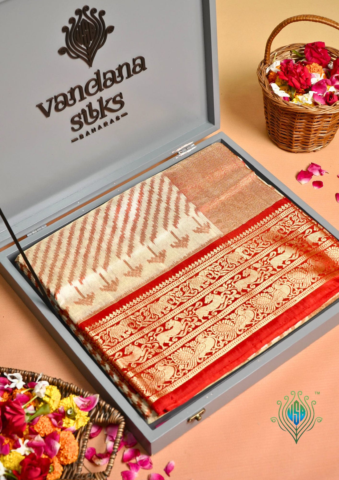 Founder Choice 068: Ivory with Rich Red Accents  Pure Kanjivaram Ikkat Handloom Silk Saree