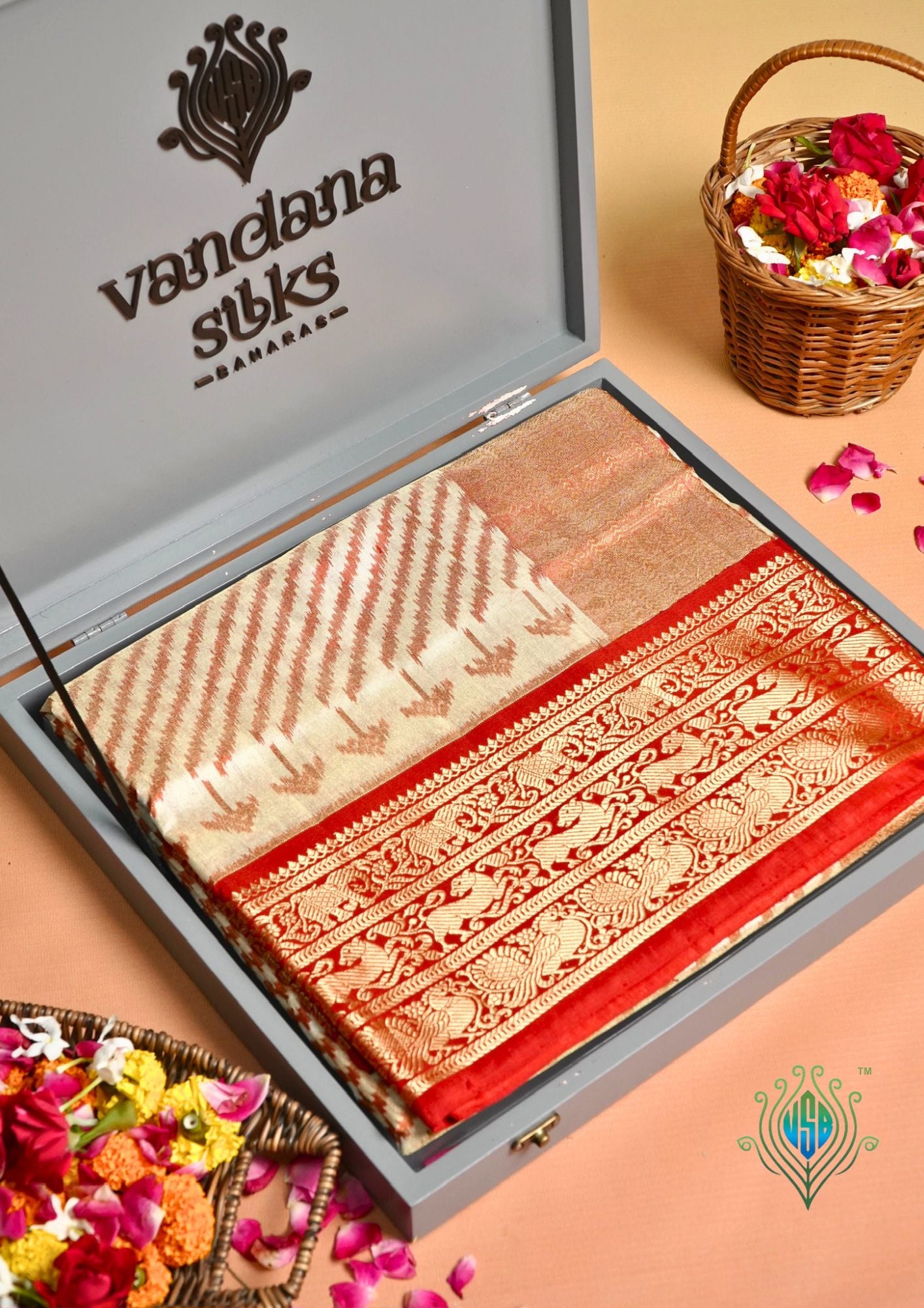 Founder Choice 068: Ivory with Rich Red Accents  Pure Kanjivaram Ikkat Handloom Silk Saree
