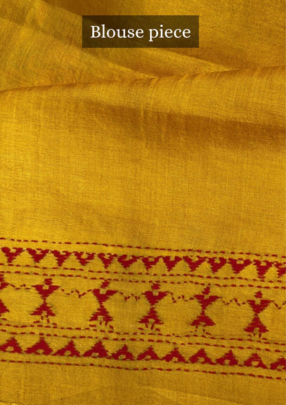 VIRASAT 356: Amber Yellow Pure Tussar Silk Saree with Intricate Cross Stitch Work | Silk Mark Certified