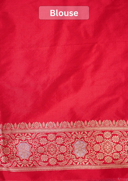 VIRASAT 433D: Pure Red Pure Katan Silk Alfi Saree with Sona Rupa Zari Floral Jaal &amp; Zari Border | Silk Mark Certified