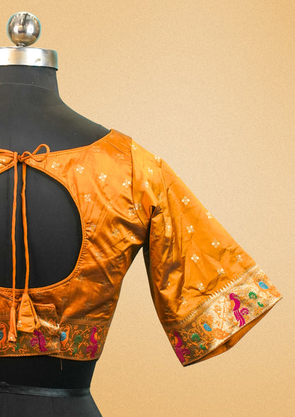 "RDM BL 010A" Elegant Mustard Banarasi Blouse With Peacock Embroidery & Back Tie Design