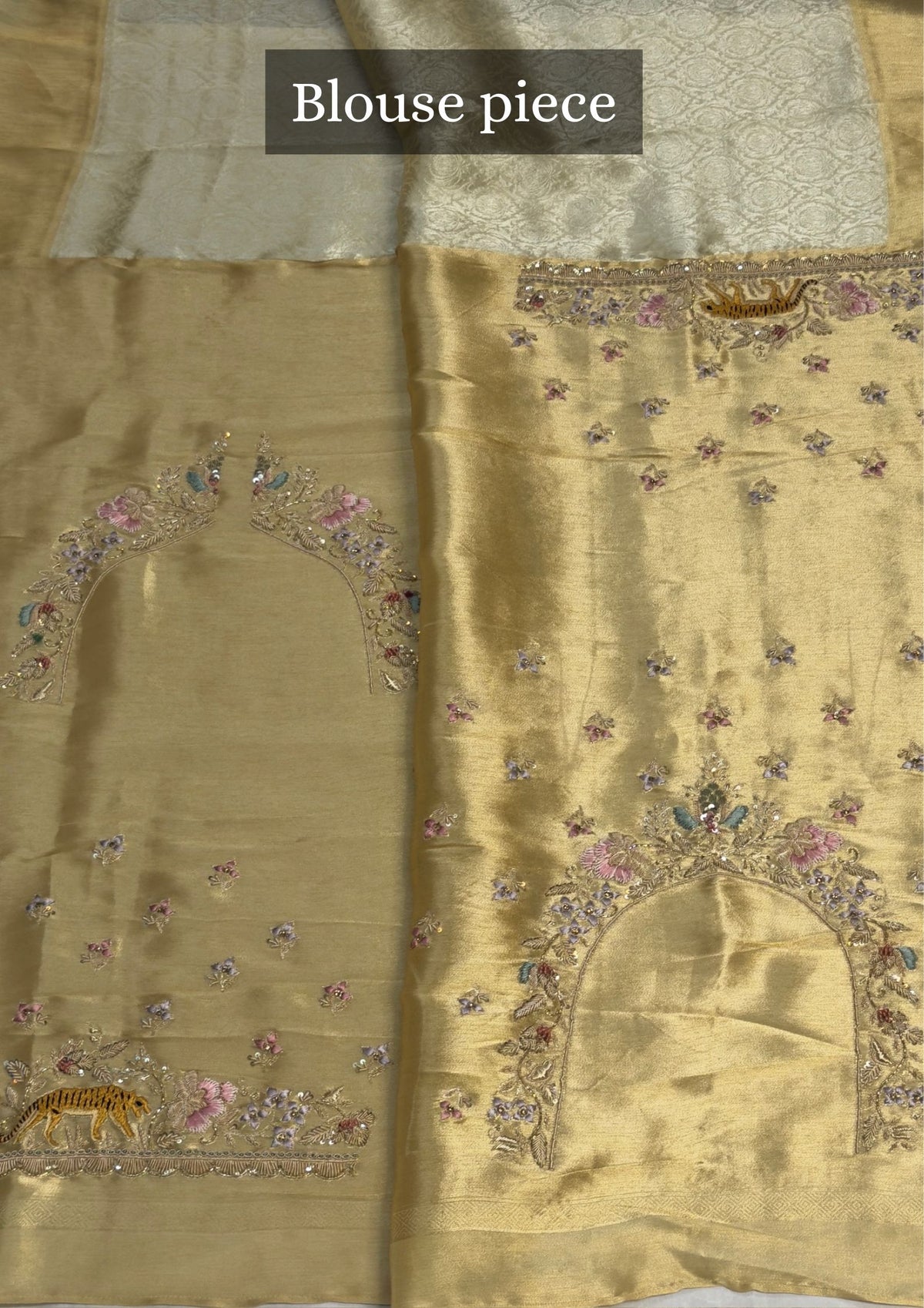 VIRASAT 390: Ivory Brocade Silk Saree with Gold Zari Jaal, Hand Zardozi Animal Work &amp; Scallop Border