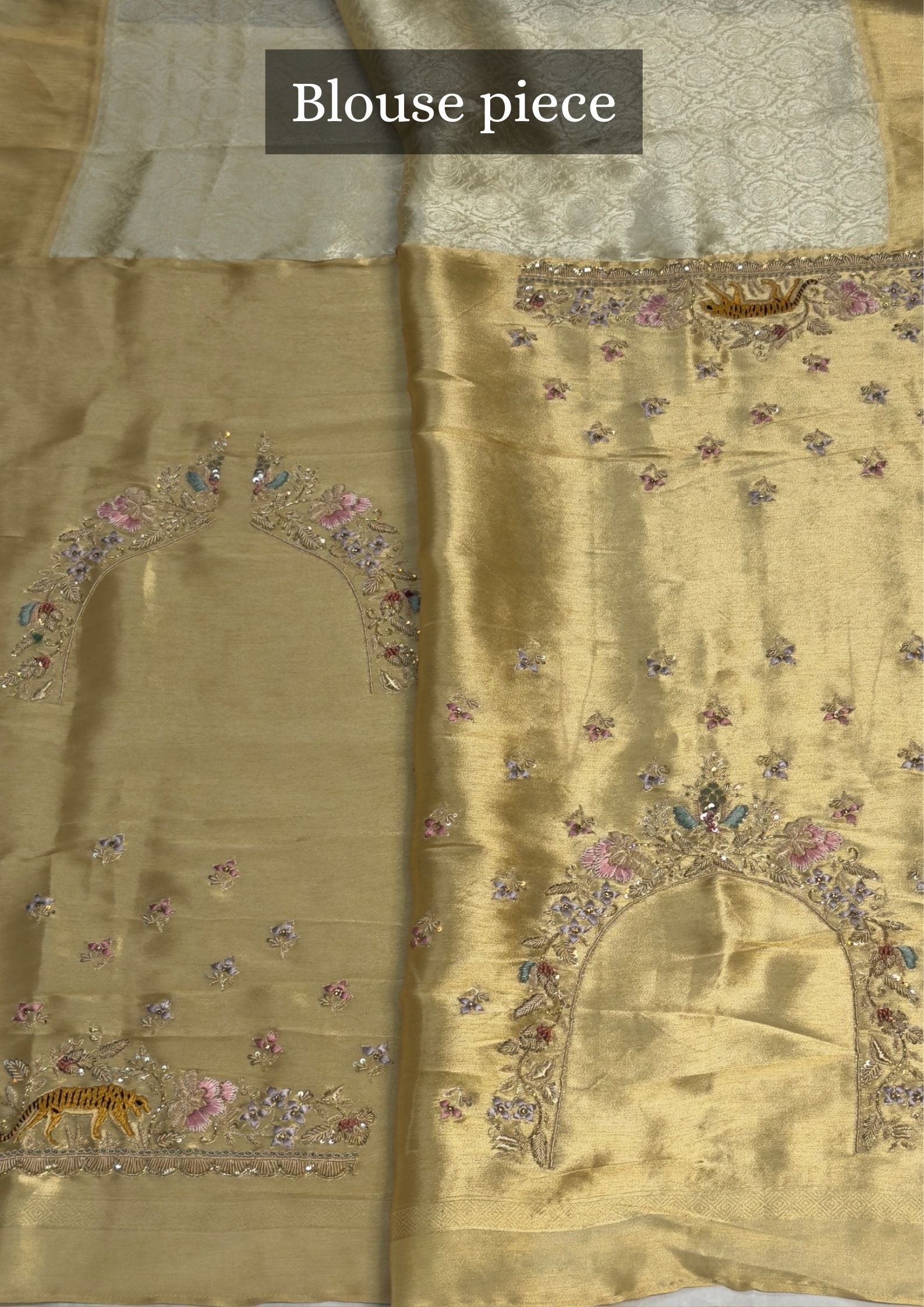 VIRASAT 390: Ivory Brocade Silk Saree with Gold Zari Jaal, Hand Zardozi Animal Work &amp; Scallop Border