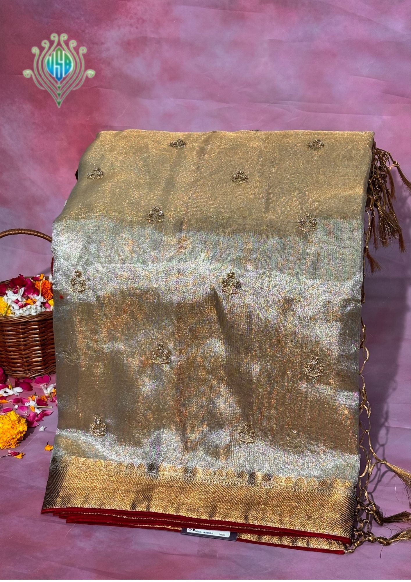 VIRASAT 377: Elegant Silver Tissue Silk Saree with Hand Zardozi Work &amp; Contrast Blouse