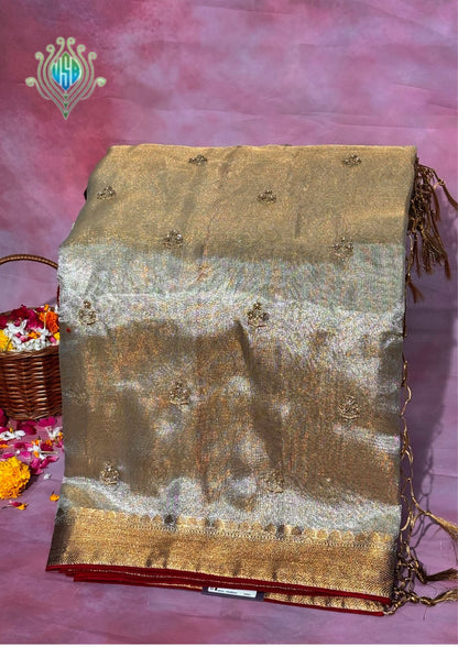 VIRASAT 377: Elegant Silver Tissue Silk Saree with Hand Zardozi Work &amp; Contrast Blouse