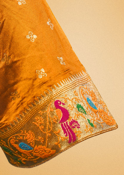 "RDM BL 010A" Elegant Mustard Banarasi Blouse With Peacock Embroidery & Back Tie Design