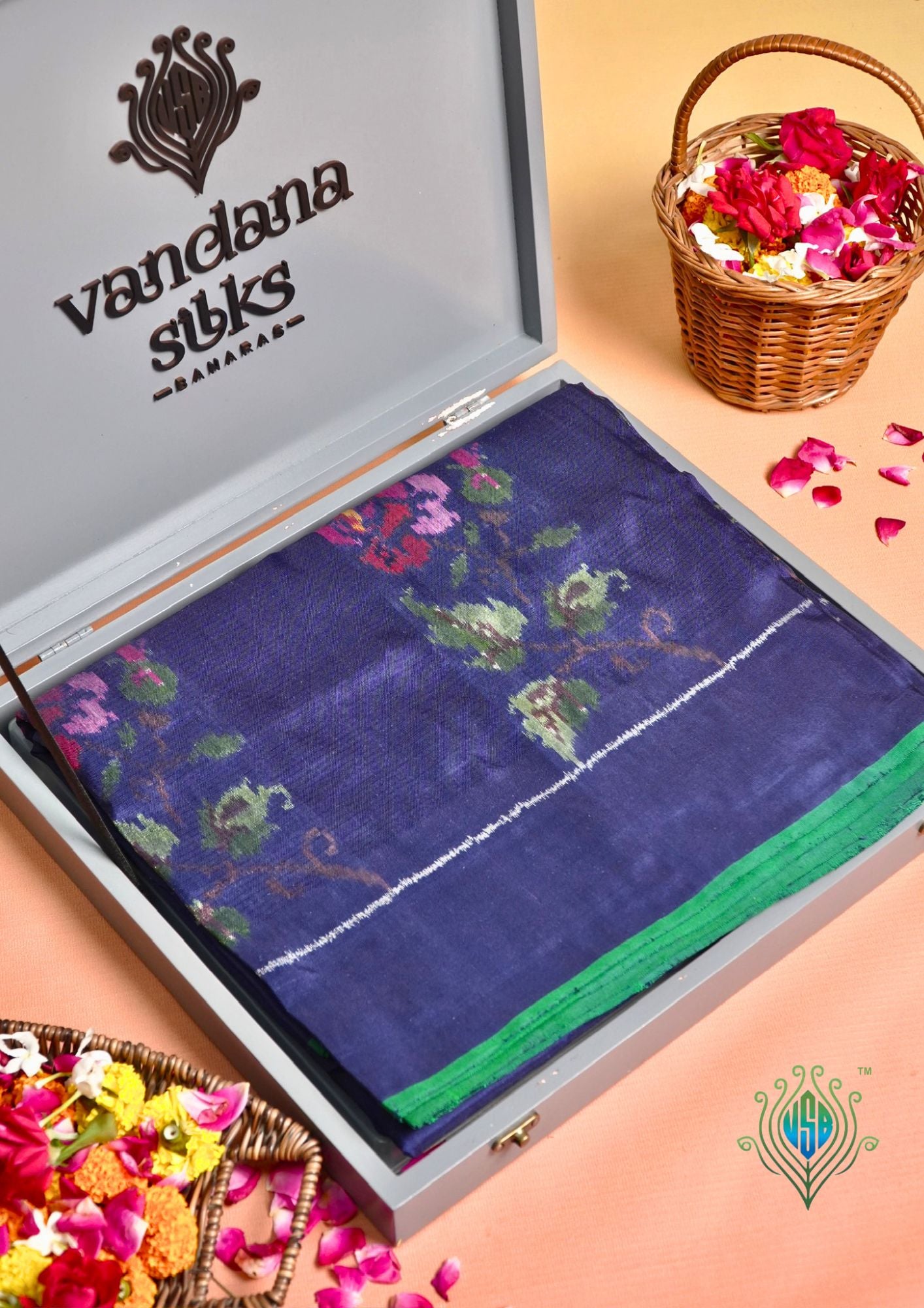 Founder Choice 073: Pure Katan Patola Ikkat Handloom Silk Saree in Indigo Blue