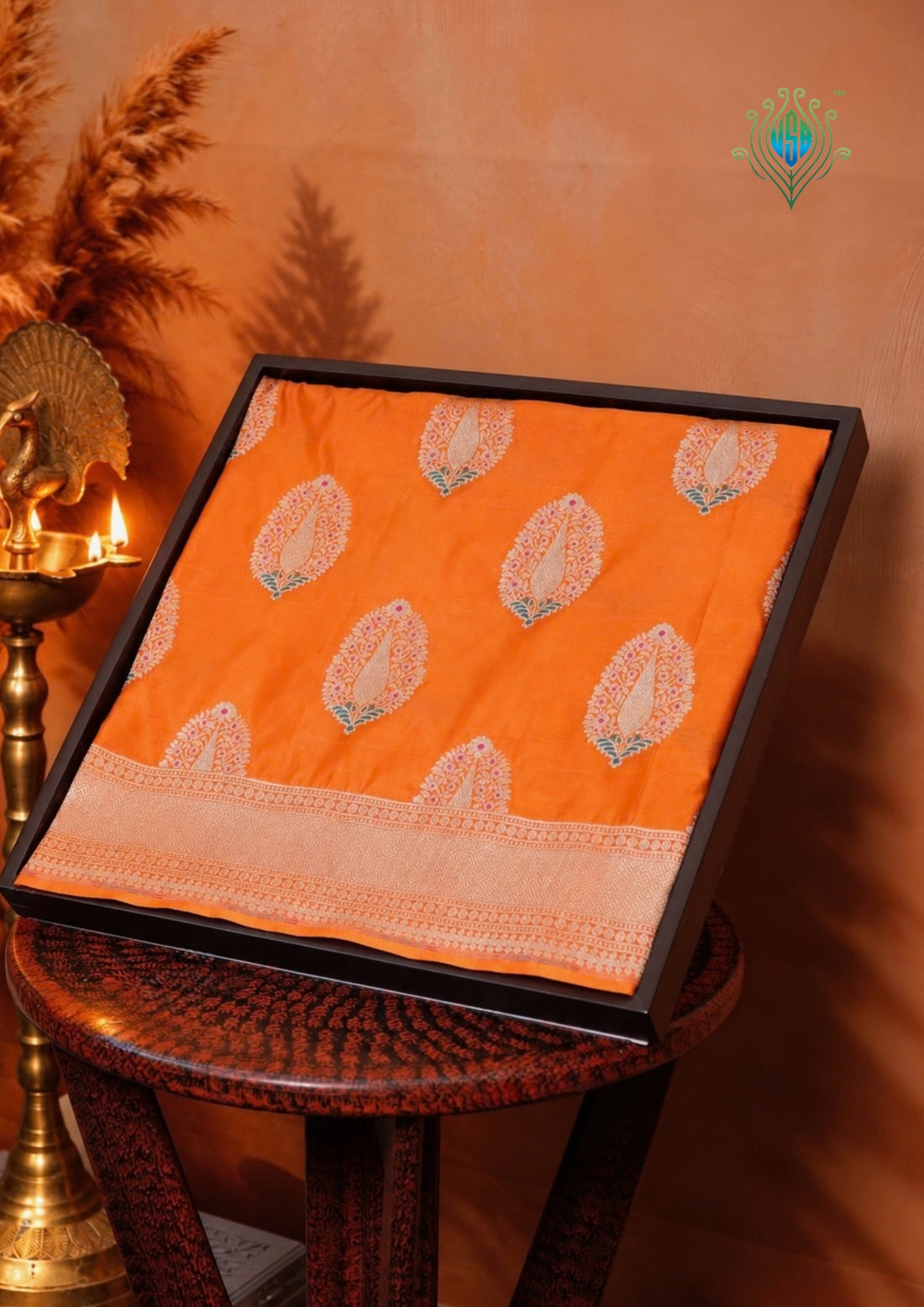 VIRASAT 03C: Sunhara Orange Pure Handloom Katan Silk Meenakari Celebrity Inspired Abeer Buta Saree