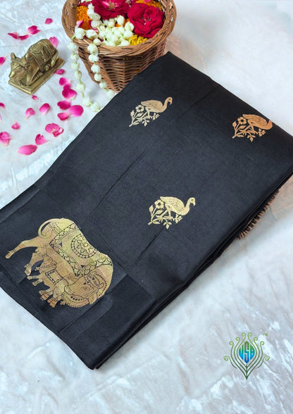 VIRASAT 369: Ochre Yellow Pure Mulberry Silk Saree with Zari Animal Motifs