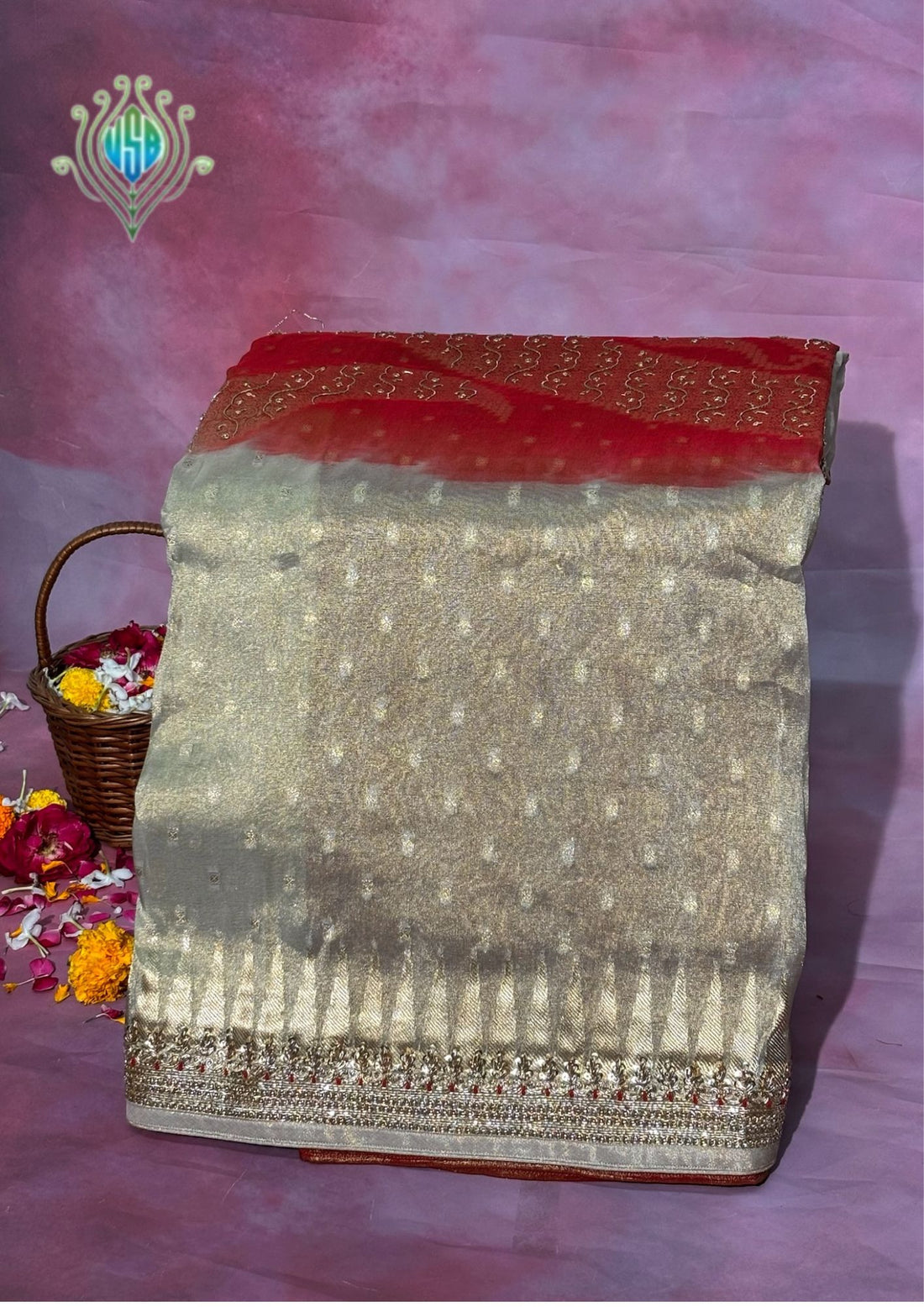 VIRASAT 382: Elegant Silver Gold Tissue Saree with Temple Zari &amp; Hand Zardozi Border (Natural Fabric)