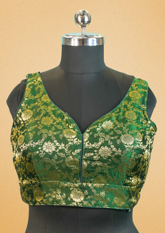 "RDM BL 011" Banarasi Elegant Green Silk Brocade Blouse with Golden Zari Floral Weave