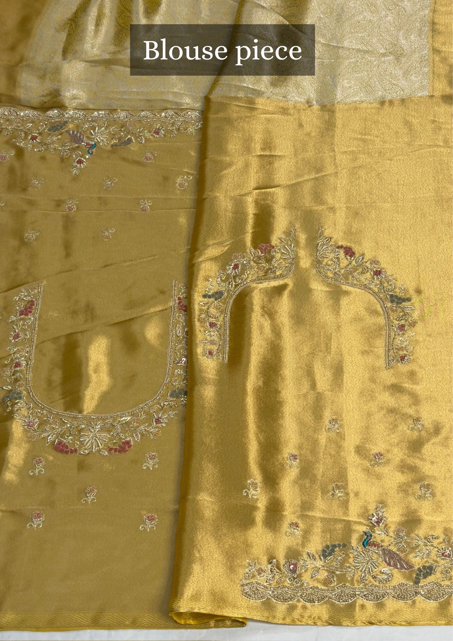 VIRASAT 391: Sunlit Gold Tissue Silk Saree with Meenakari Parsi Work &amp; Hand Mehreen Zardozi Scallop Border