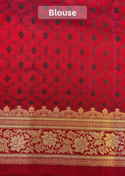 WAAH BANARAS 164: Ruby Red Satin Mashru Silk Saree with Zari Stripe Work, Resham Floral Design &amp; Grand Floral Border