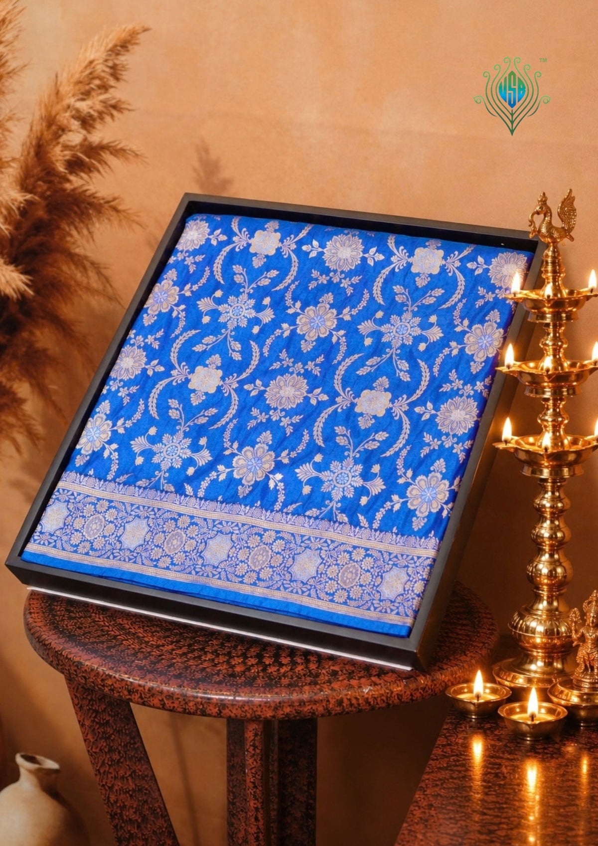 VIRASAT 433B: Persian Blue Pure Katan Silk Alfi Saree with Sona Rupa Zari Floral Jaal &amp; Zari Border | Silk Mark Certified