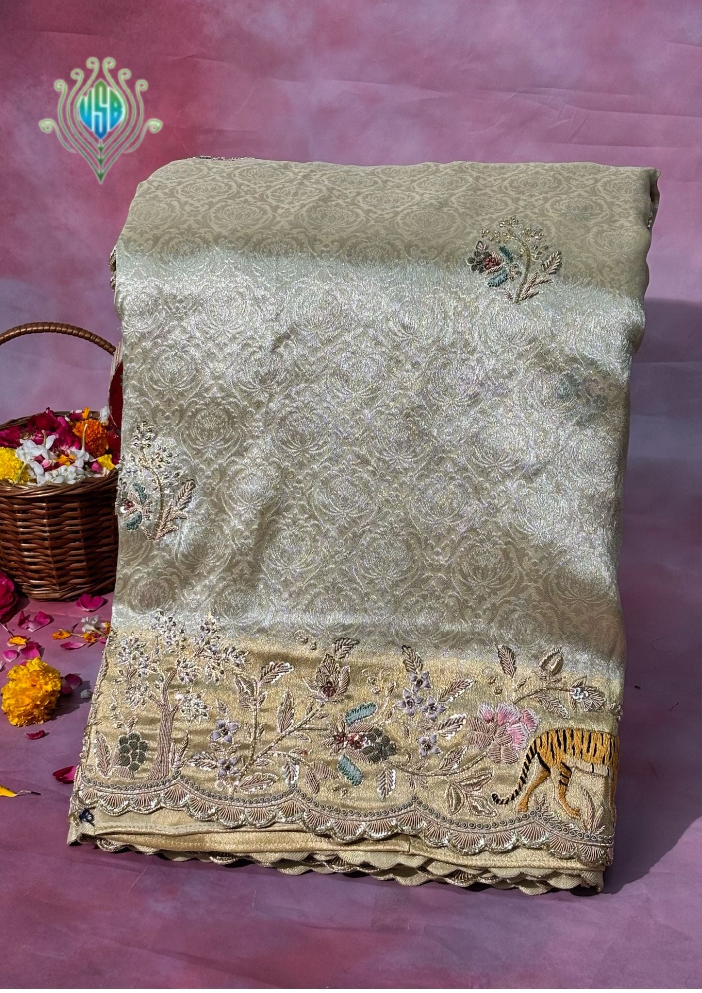 VIRASAT 390: Ivory Brocade Silk Saree with Gold Zari Jaal, Hand Zardozi Animal Work &amp; Scallop Border
