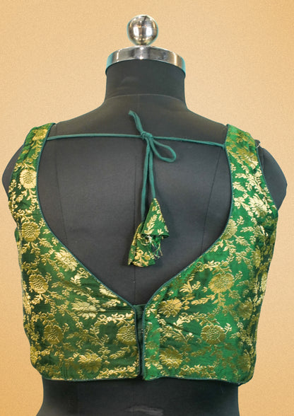 "RDM BL 011" Banarasi Elegant Green Silk Brocade Blouse with Golden Zari Floral Weave