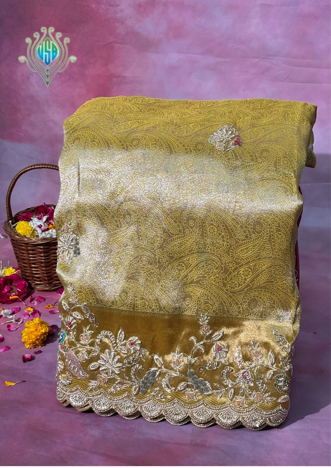 VIRASAT 391: Sunlit Gold Tissue Silk Saree with Meenakari Parsi Work &amp; Hand Mehreen Zardozi Scallop Border