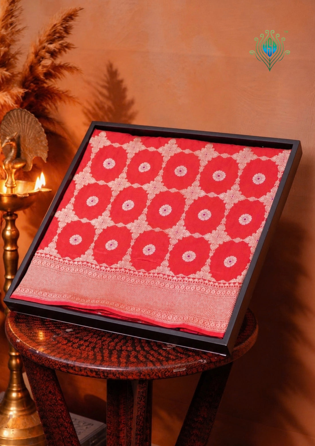 VIRASAT 409: Ruby Red Pure Handloom Katan Silk Saree with All-Over Zari &amp; Meenakari Border-Pallu (Silk Mark Certified)