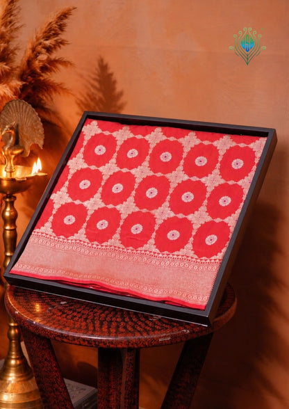 VIRASAT 409: Ruby Red Pure Handloom Katan Silk Saree with All-Over Zari &amp; Meenakari Border-Pallu (Silk Mark Certified)