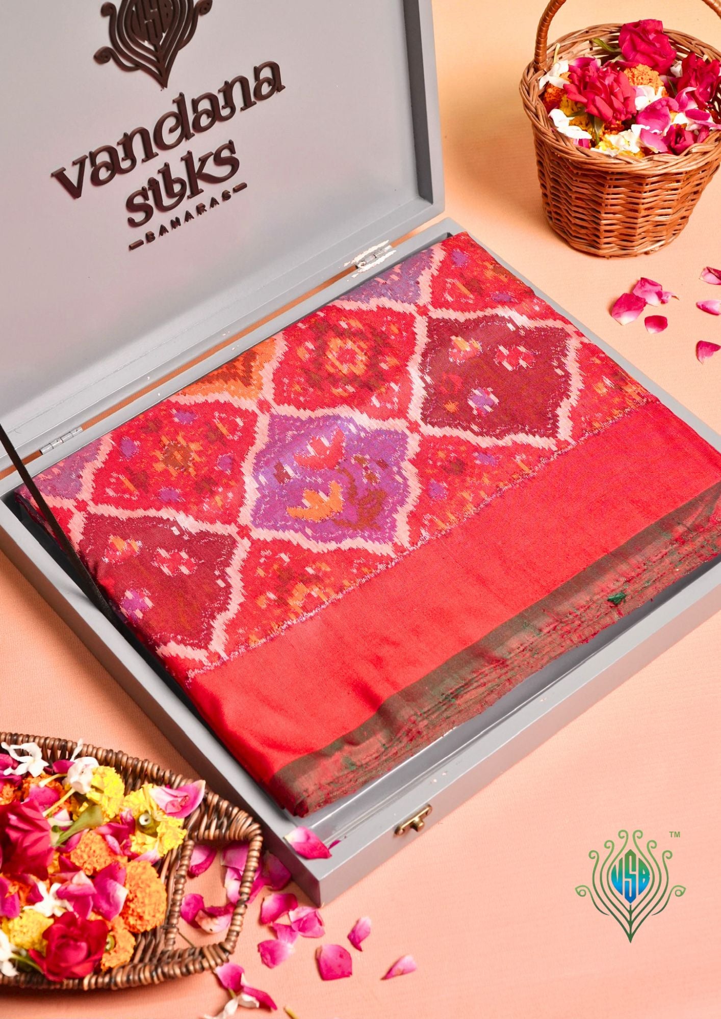Founder Choice 069: Pure Handloom Red Katan Patola Ikkat Silk Saree Multicolor Block Design