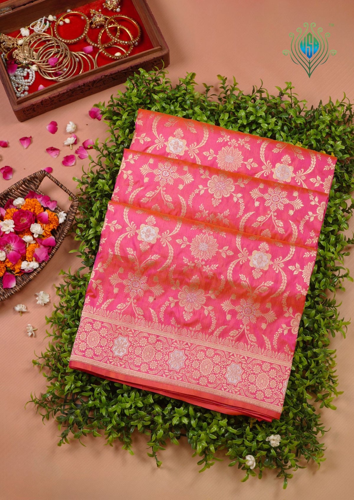 VIRASAT 433C: Gajari Pink Dual Tone Pure Katan Silk Alfi Saree with Sona Rupa Zari Floral Jaal &amp; Zari Border | Silk Mark Certified