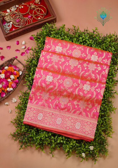 VIRASAT 433C: Gajari Pink Dual Tone Pure Katan Silk Alfi Saree with Sona Rupa Zari Floral Jaal &amp; Zari Border | Silk Mark Certified