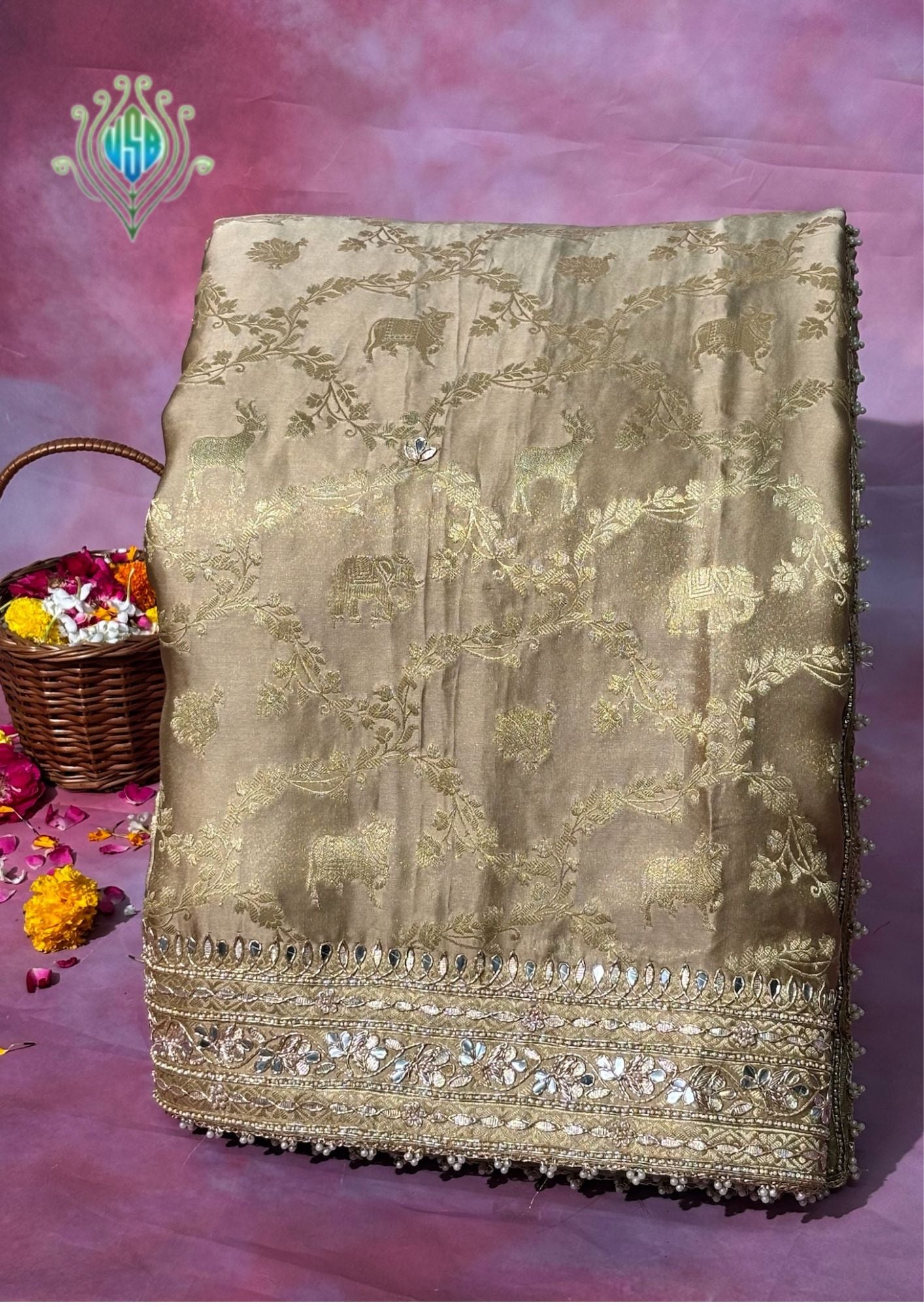 VIRASAT 376: Royal Beige Satin Silk Saree with Jangla Animal Zari Jaal &amp; Hand Zardozi Gota Patti Work