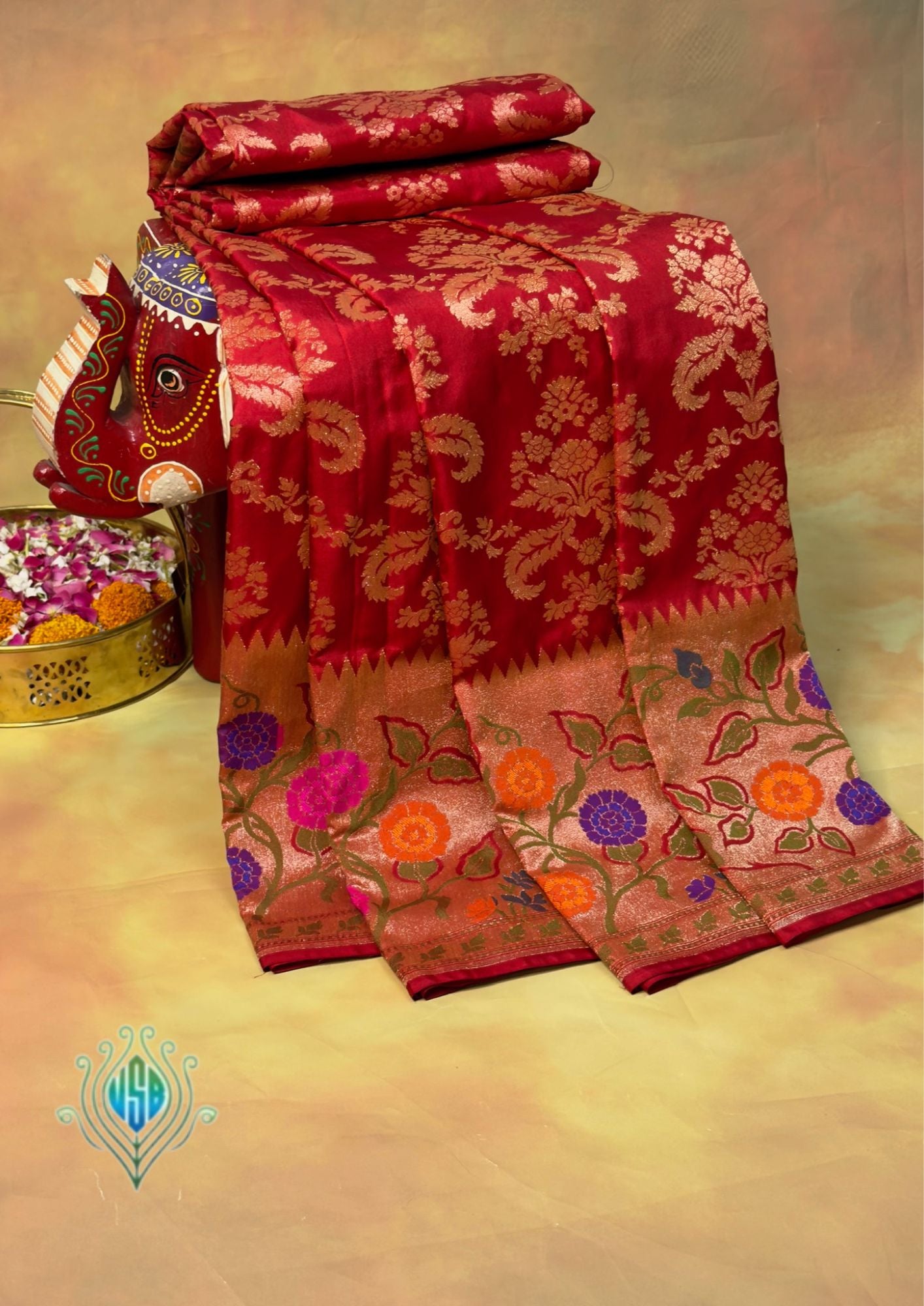 VIRASAT 375: Cherry Red Pure Handloom Katan Silk Saree with Meenakari Border &amp; Pallu (Silk Mark Certified)