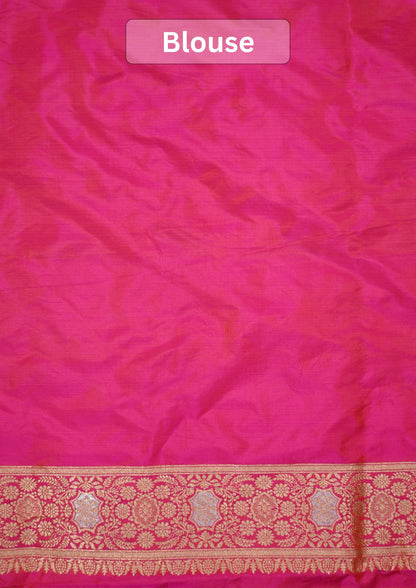 VIRASAT 433C: Gajari Pink Dual Tone Pure Katan Silk Alfi Saree with Sona Rupa Zari Floral Jaal &amp; Zari Border | Silk Mark Certified