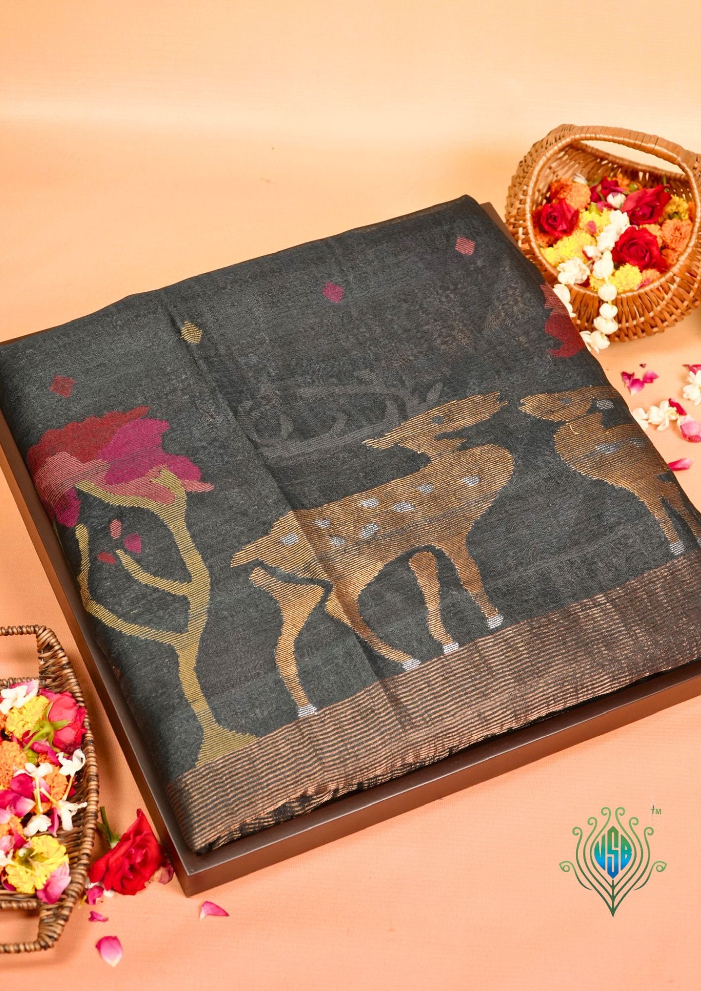 Founder Choice 075: Shadow Black Pure Handloom Jamdani Meenkari Silk Saree