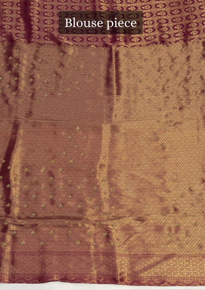 VIRASAT 384: Deep Wine Brocade Tissue Silk Saree with Antique Zari Weaving &amp; Hand Zardozi Border