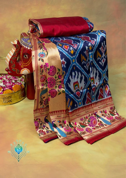 VIRASAT 373: Navy Blue Pure Patola Silk Saree with Paithani Border &amp; Pallu (Silk Mark Certified)