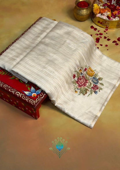 UTSAV BANARAS 394: Pearl White Raw Silk Saree with Meenakari Mandala Border &amp; Zari Stripe Detailing