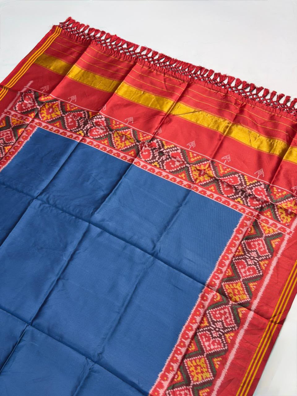 MCD 030: Beautiful Azure Blue Patola Silk Dupatta With Tassels And Standard Length