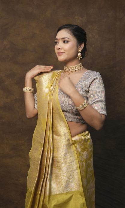 Sulekha Banarasi Jangla Jaal Saree: Woven with Pure Gold Rupa Zari and A-Grade Silk