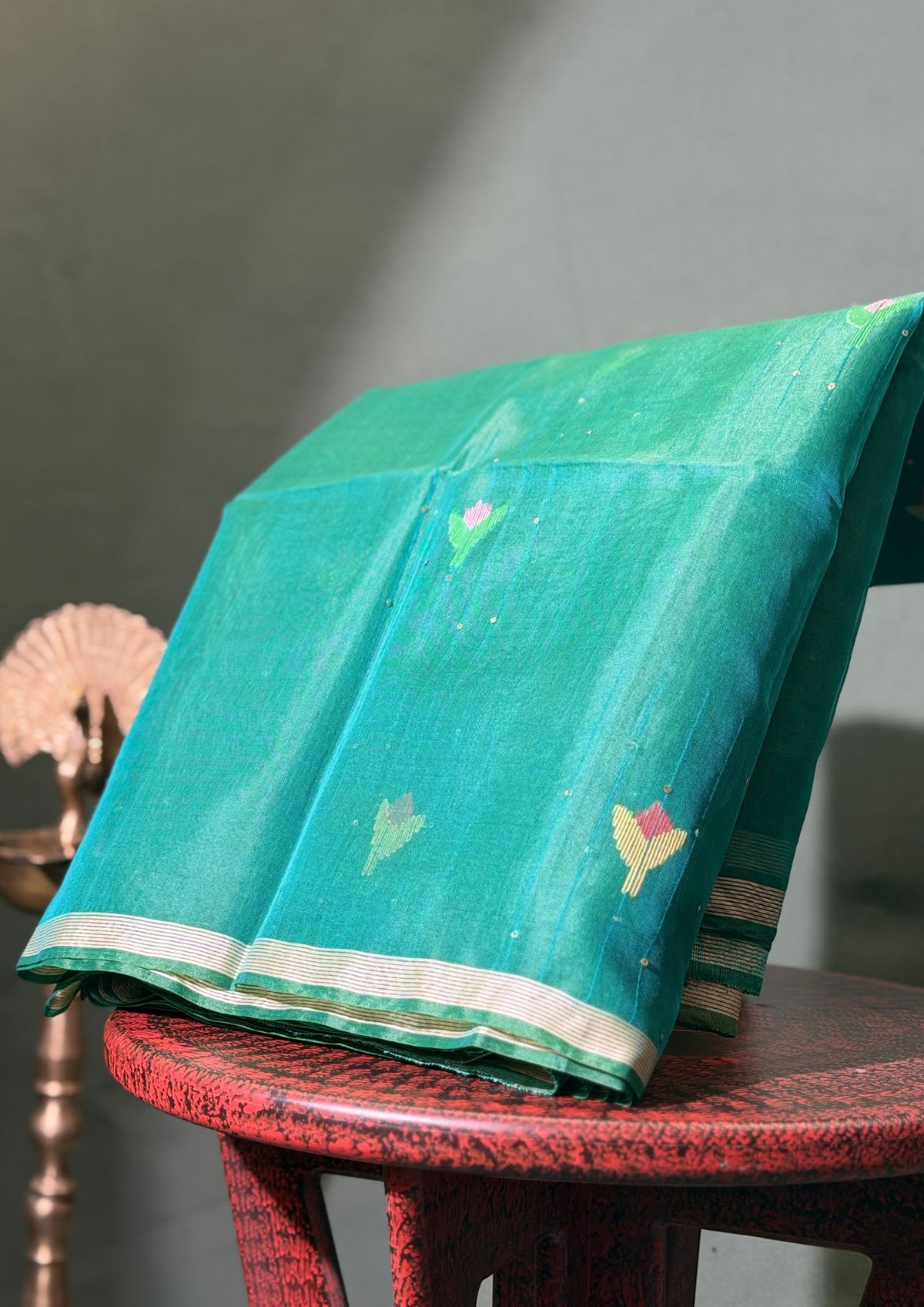 "Founder Choice 014" Banarasi Elegant Rama Green Jamdani Kora Silk Saree With Zari Butas