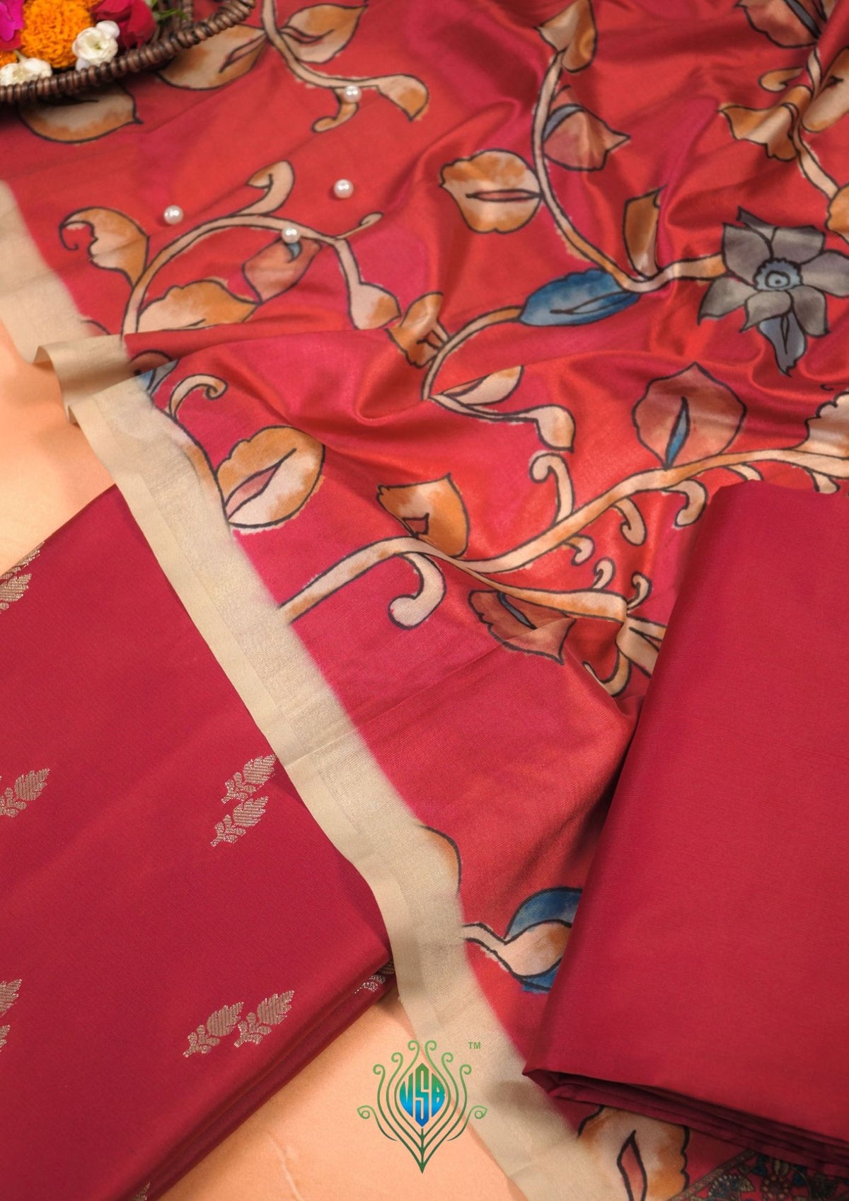 MANSI178A: Blood Red Banarasi Silk Suit Set with Soft Kalamkari Dupatta