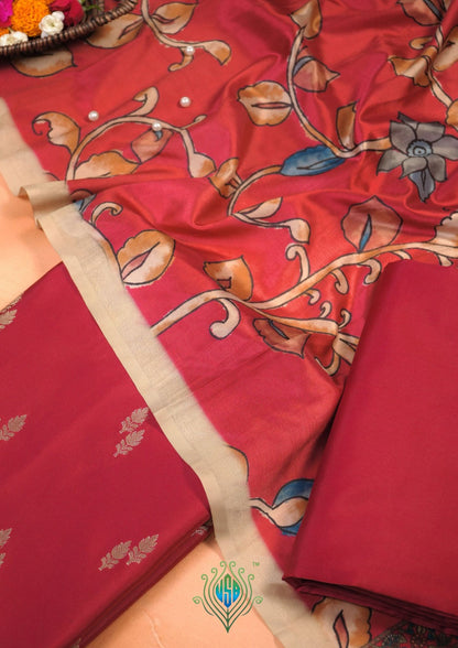 MANSI178A: Blood Red Banarasi Silk Suit Set with Soft Kalamkari Dupatta