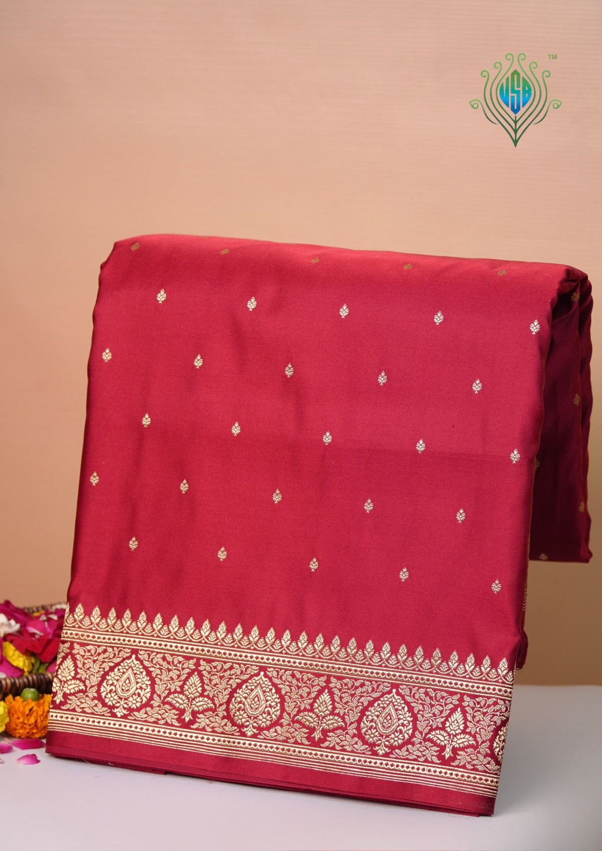 Waah Banaras 183: Regal Crimson Satin Katan Silk Zari Saree With Floral Border