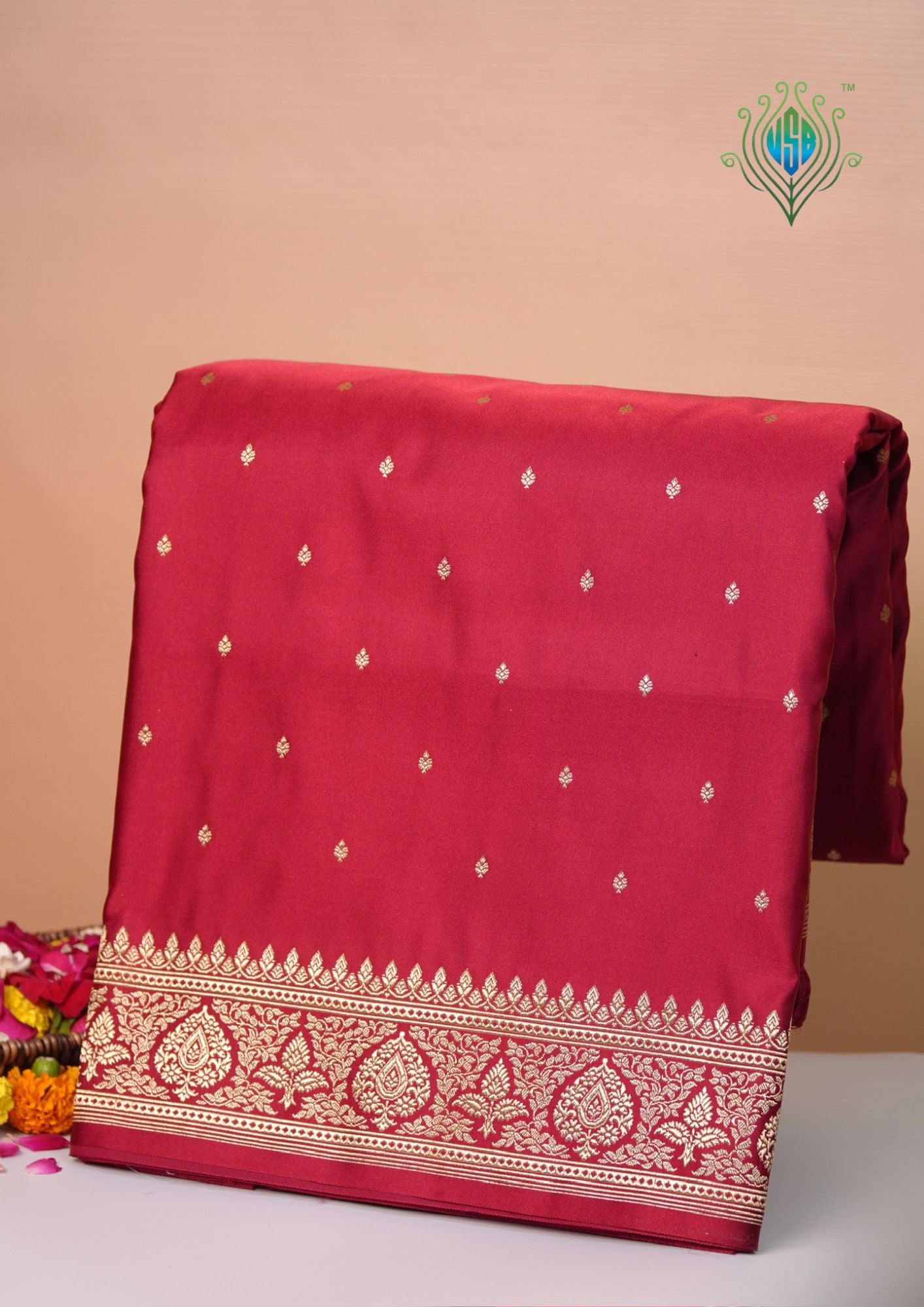 Waah Banaras 183: Regal Crimson Satin Katan Silk Zari Saree With Floral Border