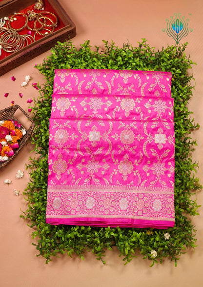 VIRASAT 433E: Bright Pink Pure Katan Silk Alfi Saree with Sona Rupa Zari Floral Jaal &amp; Zari Border | Silk Mark Certified