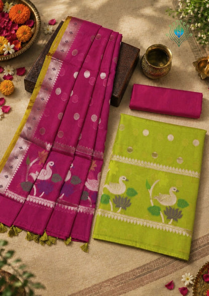 MANSI 182: Bright Green Kota Silk Suit Set with Hot Pink Dupatta &amp; Bottom
