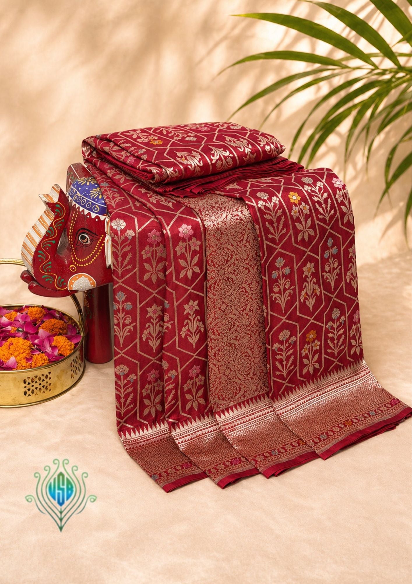 VIRASAT 410: Scarlet Red Pure Handloom Katan Silk Saree with All-Over Zari &amp; Meenakari Border-Pallu (Silk Mark Certified)