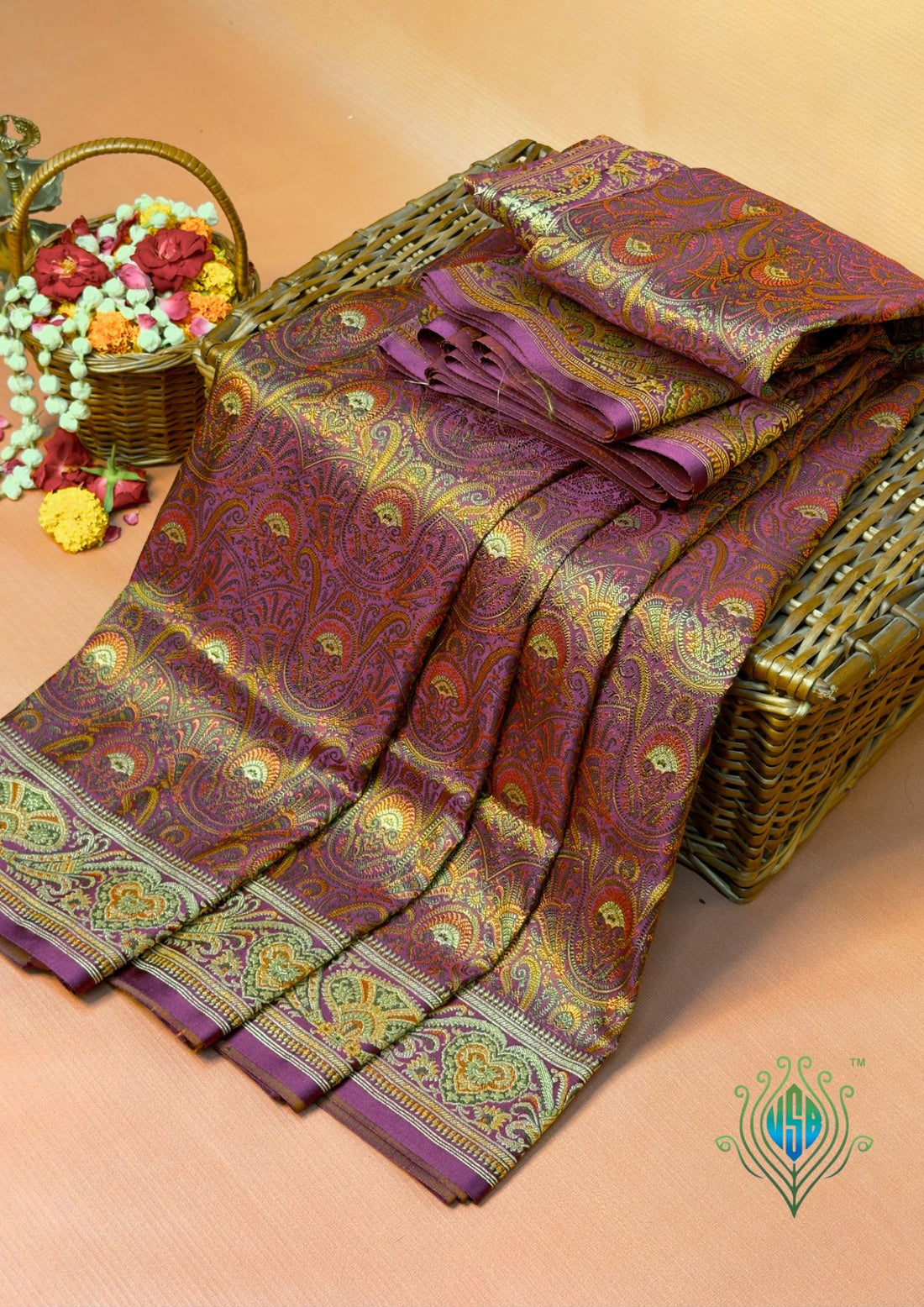 WAAH BANARAS 166: Deep Purple Satin Tanchoi Silk Saree with Rich Zari, Resham Weaving &amp; Grand Floral Paisley Border